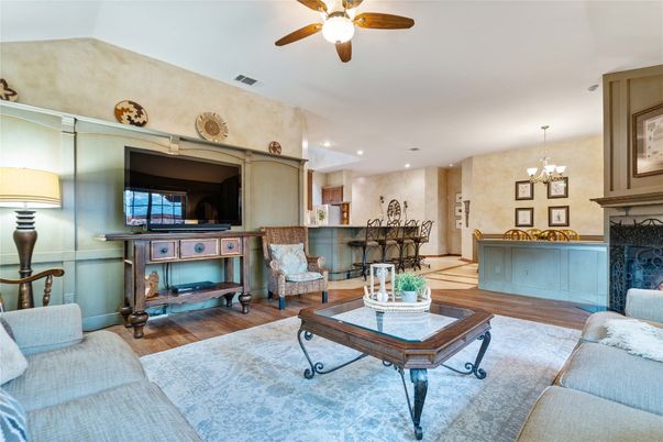 Chandelier, Fireplace, Interior, Living room, Recessed Lighting, Wood Texture Flooring