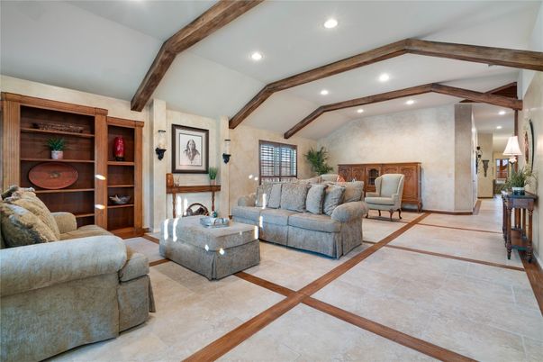 Fireplace, Interior, Living room, Recessed Lighting, Wooden Beams