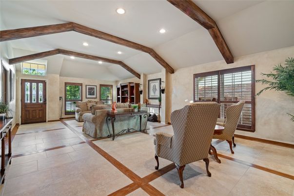 Dining room, Interior, Living room, Recessed Lighting, Wooden Beams