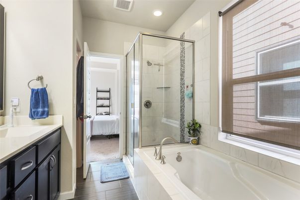 Bathroom, Bedroom, Glass Shower, Interior, Recessed Lighting, Wood Texture Flooring