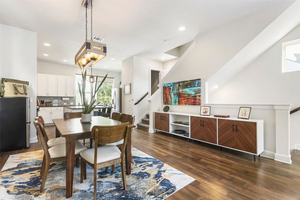 Dining room, Interior, Kitchen, Pendant Lights, Recessed Lighting, Wood Texture Flooring