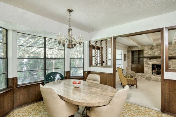 Chandelier, Dining room, Fireplace, Interior, Stone Walls