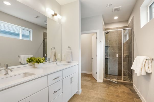 Bathroom, Dual Sink Vanities, Glass Shower, Interior, Recessed Lighting