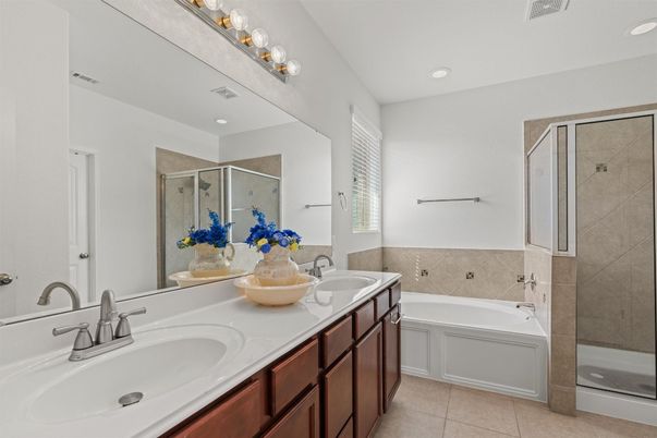 Bathroom, Dual Sink Vanities, Glass Shower, Interior, Recessed Lighting