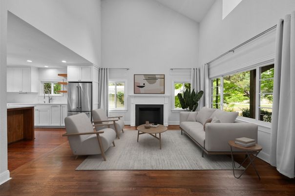 Fireplace, Interior, Kitchen, Living room, Recessed Lighting, Stainless Steel Appliances, Wood Texture Flooring
