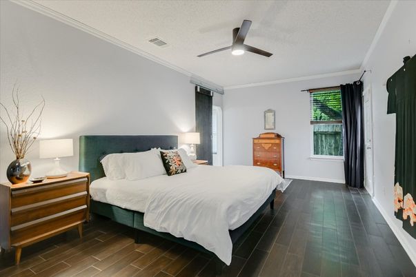 Bedroom, Interior, Recessed Lighting, Wood Texture Flooring