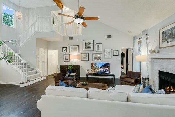 Fireplace, Interior, Living room, Pendant Lights, Wood Texture Flooring