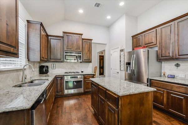 Interior, Kitchen, Recessed Lighting, Stainless Steel Appliances, Wood Texture Flooring