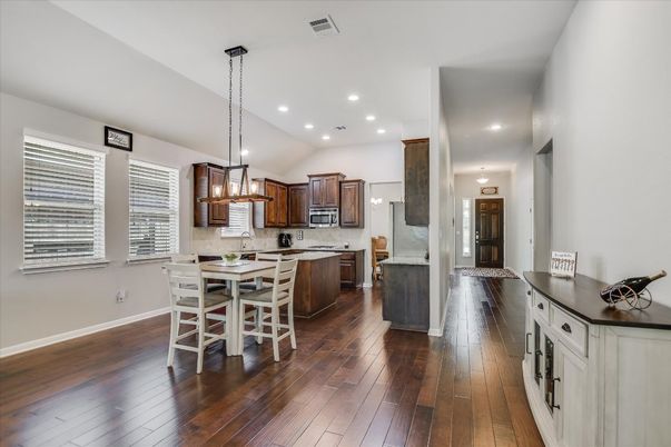 Dining room, Interior, Kitchen, Pendant Lights, Recessed Lighting, Wood Texture Flooring