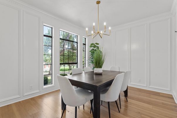 Dining room, Interior, Pendant Lights, Wood Texture Flooring