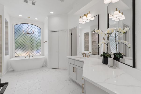 Bathroom, Dual Sink Vanities, Free Standing Baths, Interior, Marble, Recessed Lighting
