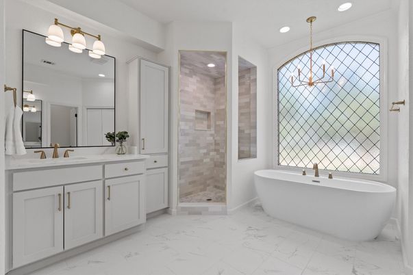 Bathroom, Dual Sink Vanities, Free Standing Baths, Glass Shower, Interior, Marble, Recessed Lighting