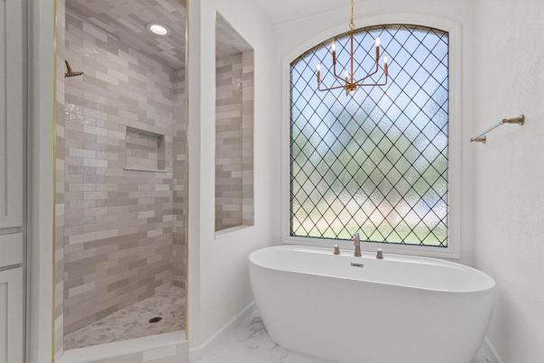 Bathroom, Free Standing Baths, Glass Shower, Interior, Recessed Lighting