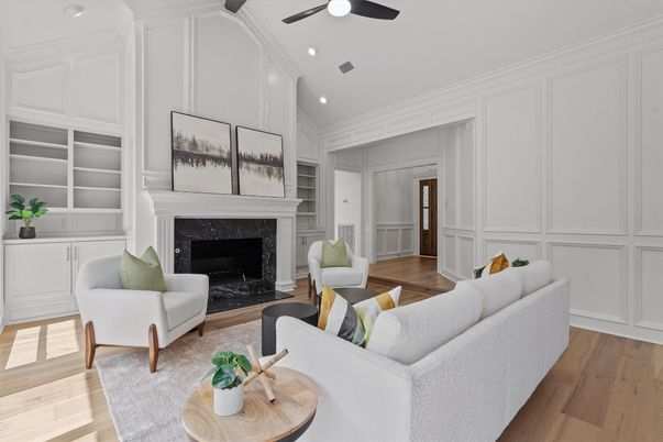 Fireplace, Interior, Living room, Recessed Lighting, Wood Texture Flooring