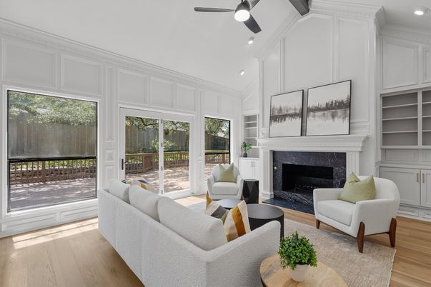 Fireplace, Interior, Living room, Recessed Lighting, Sun Room, Wood Texture Flooring