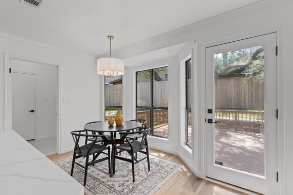 Dining room, Interior, Pendant Lights, Wood Texture Flooring