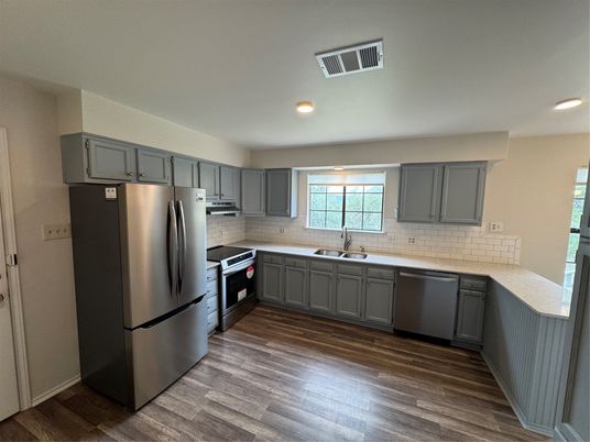 Interior, Kitchen, Recessed Lighting, Stainless Steel Appliances, Wood Texture Flooring