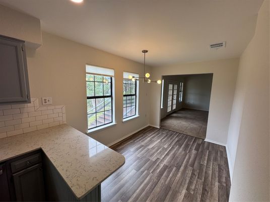 Empty room, Interior, Pendant Lights, Recessed Lighting, Wood Texture Flooring
