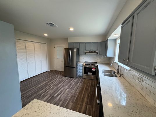 Interior, Kitchen, Recessed Lighting, Stainless Steel Appliances, Wood Texture Flooring