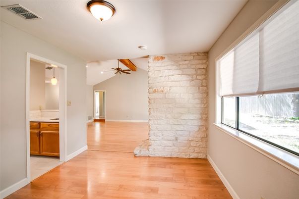 Empty room, Interior, Pendant Lights, Stone Walls, Wood Texture Flooring
