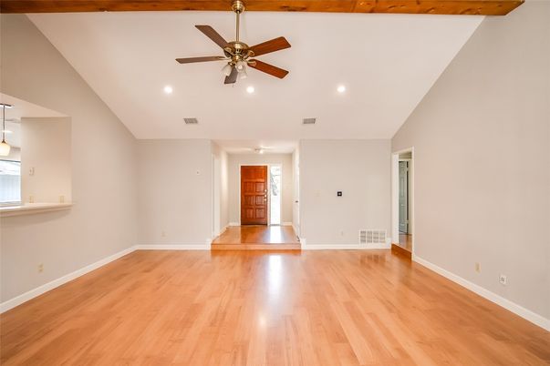 Empty room, Interior, Pendant Lights, Recessed Lighting, Wood Texture Flooring