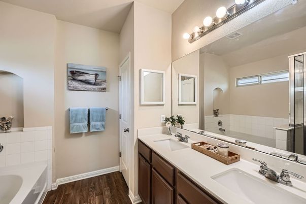 Bathroom, Dual Sink Vanities, Interior, Wood Texture Flooring