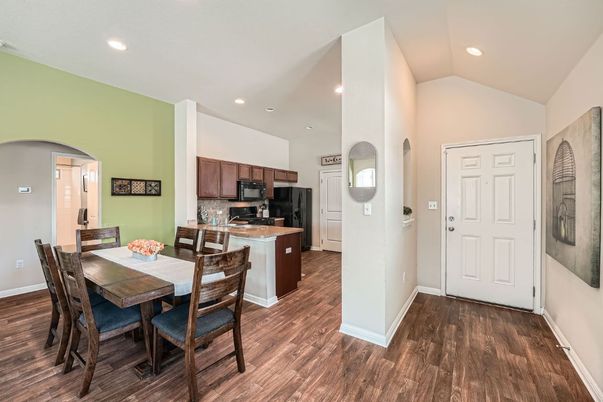 Dining room, Interior, Kitchen, Recessed Lighting, Wood Texture Flooring
