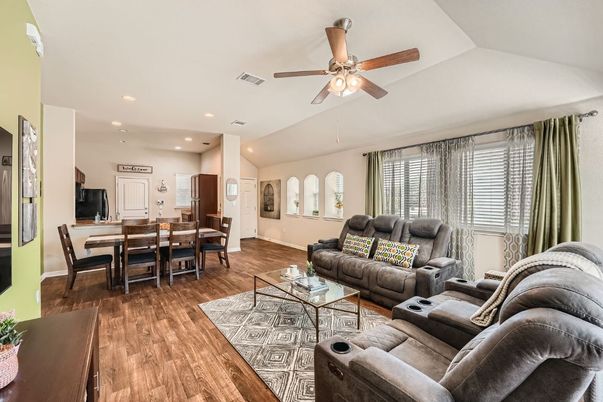 Dining room, Interior, Living room, Recessed Lighting, Wood Texture Flooring