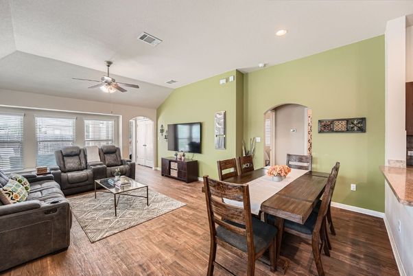 Dining room, Interior, Living room, Recessed Lighting, Wood Texture Flooring