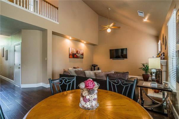 Dining room, Interior, Living room, Recessed Lighting, Wood Texture Flooring