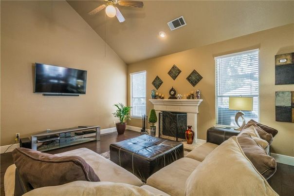 Fireplace, Interior, Living room, Recessed Lighting, Wood Texture Flooring