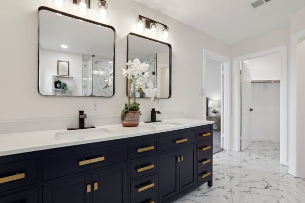 Bathroom, Dual Sink Vanities, Glass Shower, Interior, Marble, Marble Walls