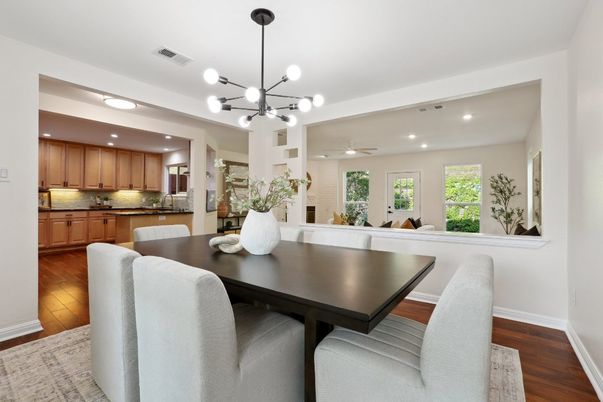 Dining room, Interior, Kitchen, Pendant Lights, Recessed Lighting, Wood Texture Flooring