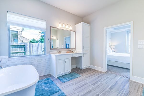 Bathroom, Bedroom, Dual Sink Vanities, Free Standing Baths, Interior, Wood Texture Flooring