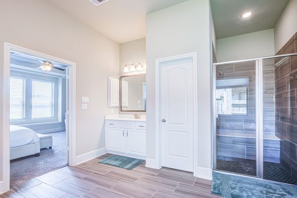 Bathroom, Glass Shower, Interior, Recessed Lighting, Wood Texture Flooring