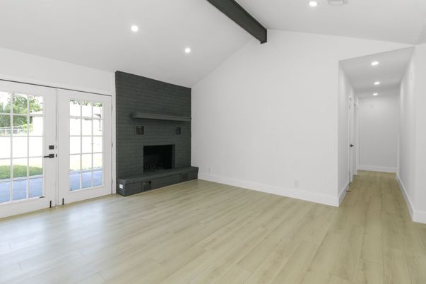 Empty room, Fireplace, Interior, Recessed Lighting, Wooden Beams, Wood Texture Flooring