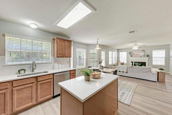 Dining room, Fireplace, Interior, Kitchen, Pendant Lights, Wood Texture Flooring