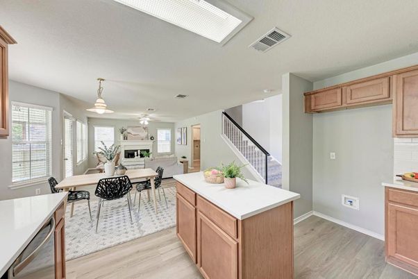 Dining room, Fireplace, Interior, Pendant Lights, Wood Texture Flooring
