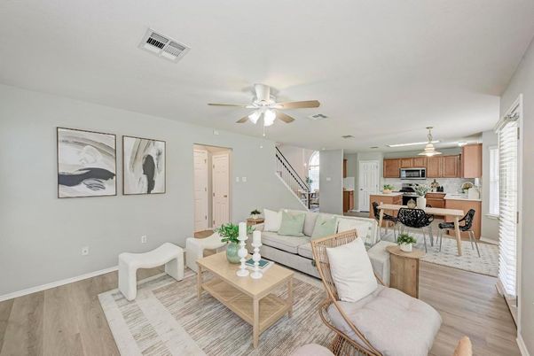 Dining room, Interior, Kitchen, Living room, Pendant Lights, Wood Texture Flooring