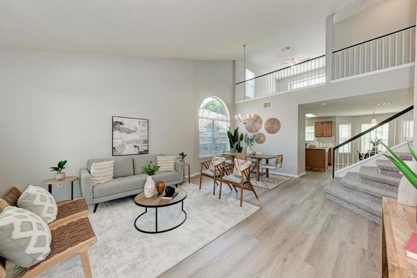 Dining room, Interior, Living room, Pendant Lights, Wood Texture Flooring
