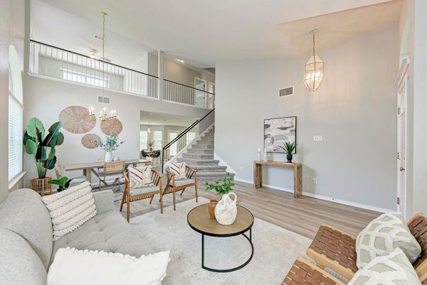Dining room, Interior, Living room, Pendant Lights, Recessed Lighting, Wood Texture Flooring