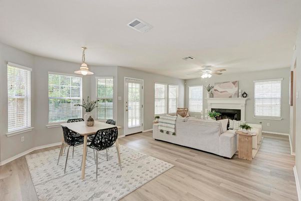 Dining room, Fireplace, Interior, Living room, Pendant Lights, Wood Texture Flooring