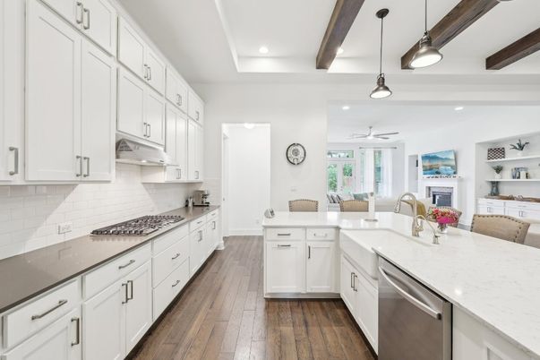 Interior, Kitchen, Pendant Lights, Recessed Lighting, Stainless Steel Appliances, Wooden Beams, Wood Texture Flooring
