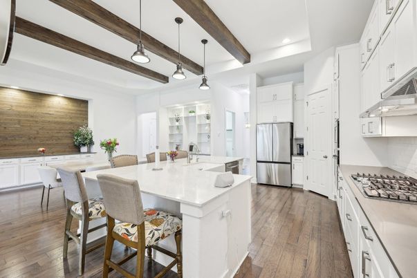 Interior, Kitchen, Pendant Lights, Recessed Lighting, Stainless Steel Appliances, Wooden Beams, Wood Texture Flooring