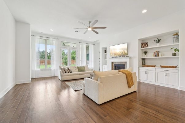 Fireplace, Interior, Living room, Recessed Lighting, Wood Texture Flooring