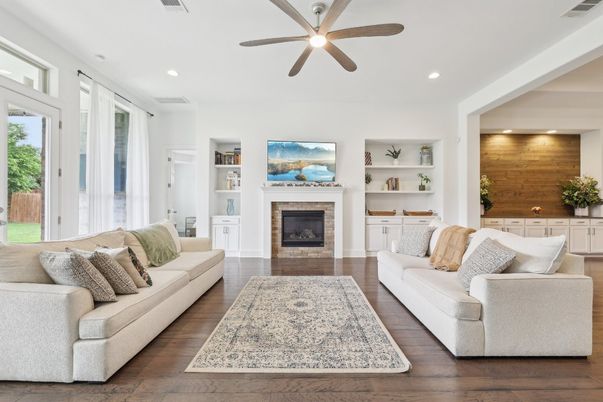 Fireplace, Interior, Living room, Recessed Lighting, Wood Texture Flooring