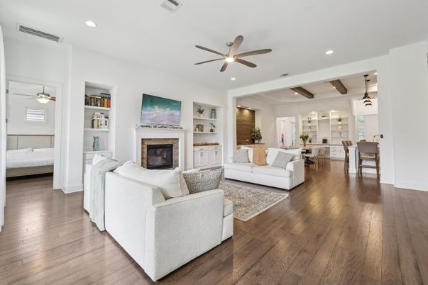 Dining room, Fireplace, Interior, Living room, Pendant Lights, Recessed Lighting, Wooden Beams, Wood Texture Flooring