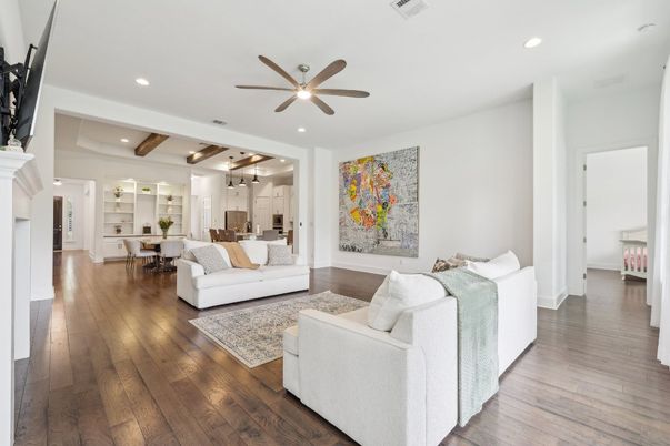 Dining room, Interior, Kitchen, Living room, Pendant Lights, Recessed Lighting, Wooden Beams, Wood Texture Flooring