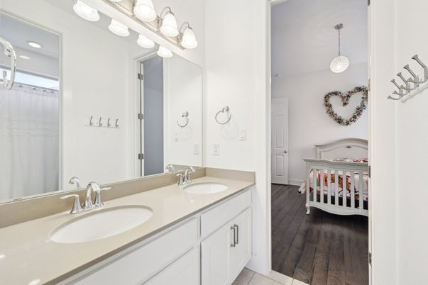 Bathroom, Dual Sink Vanities, Interior, Pendant Lights, Wood Texture Flooring