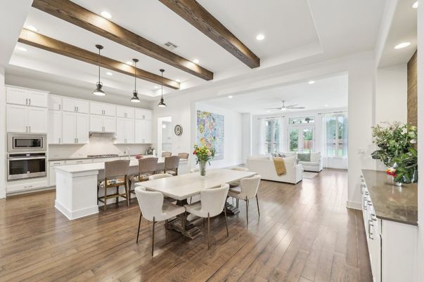 Dining room, Interior, Kitchen, Living room, Pendant Lights, Recessed Lighting, Stainless Steel Appliances, Wooden Beams, Wood Texture Flooring